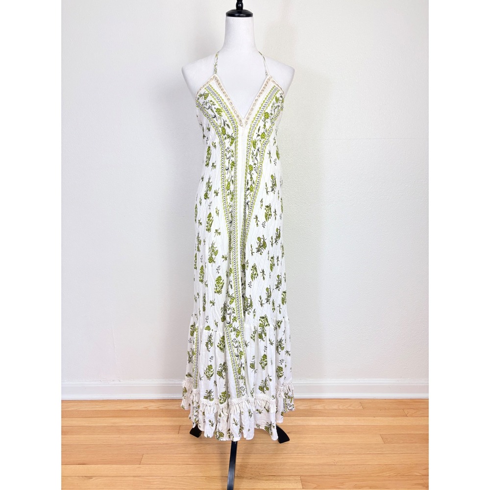 Ananta Bohemian White & Green Floral Tiered Open Back Maxi Dress Size Medium